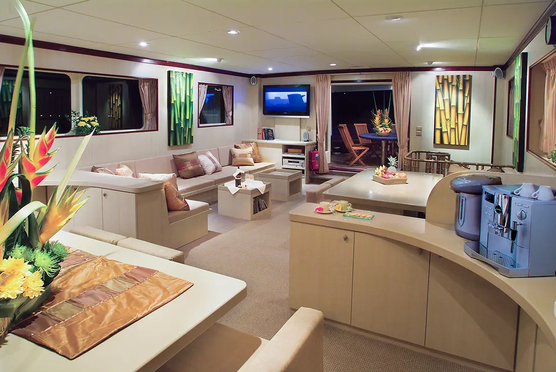 The lounge area on board the Pelagian dive yacht.